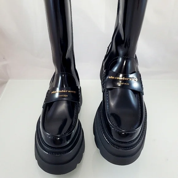 NWT$995 Alexander Wang Carter Black Patent Leather Platform Tall Boots Sz 38 - Picture 1 of 16